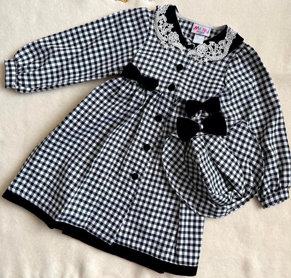 Vintage 90s MiMi Fashion Dress & Hat Set Girl 4T Gingham Check Lace Collar Bow